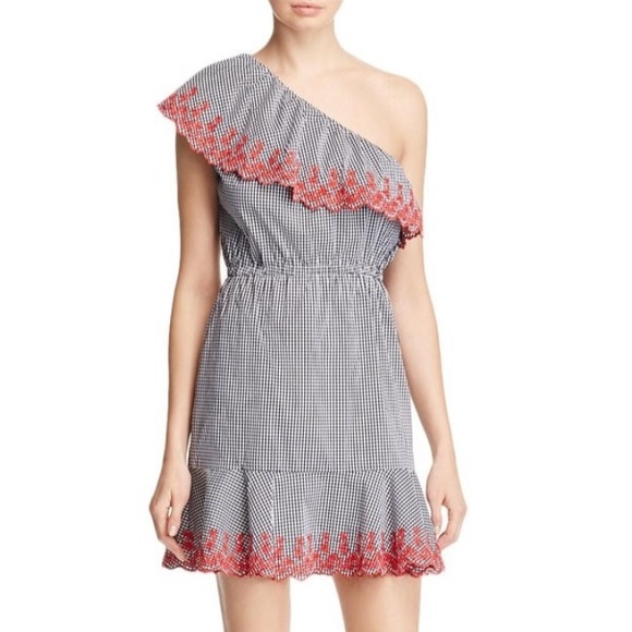 Lucy Paris Gingham Embroidered One Shoulder Dress